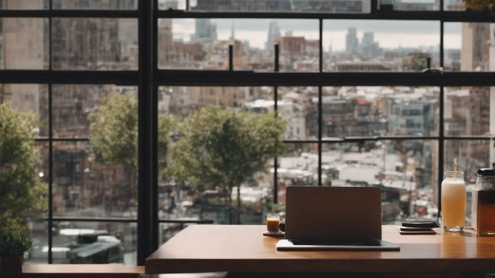 a panoramic skyline of a bustling city acts as a backdrop for a business owner optimizing their online presence on a laptop at a quaint local café.