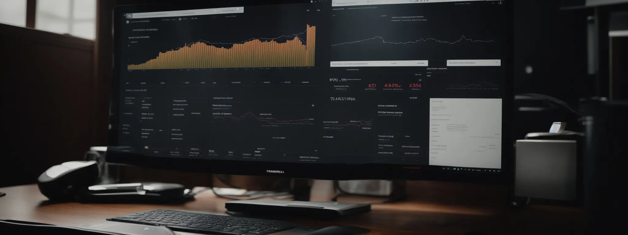 a desktop with an open laptop displaying graphs and analytics.