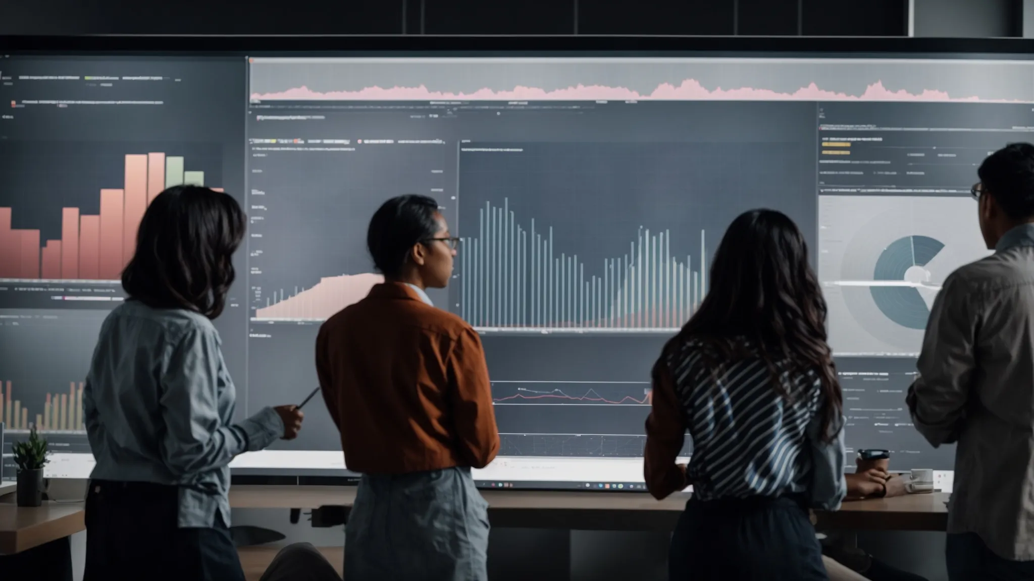 a diverse group of people surrounded by graphs and charts projected on a screen during a collaborative market research meeting.