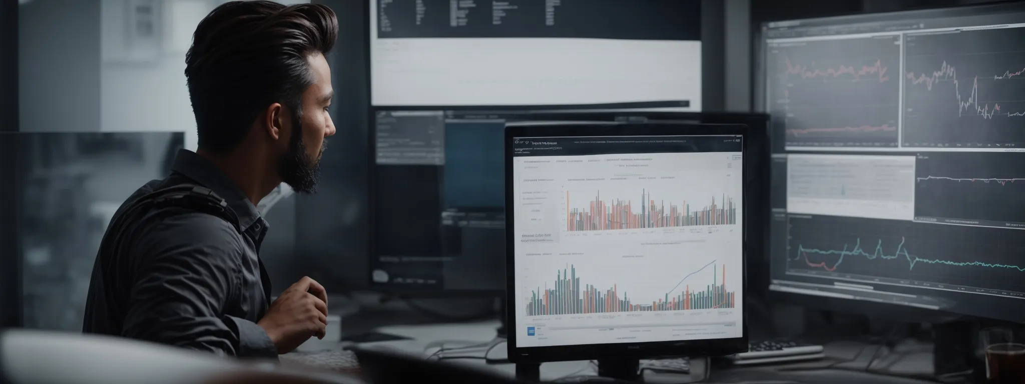 a marketer analyzes graphs on a monitor displaying seo and ppc campaign performance trends.