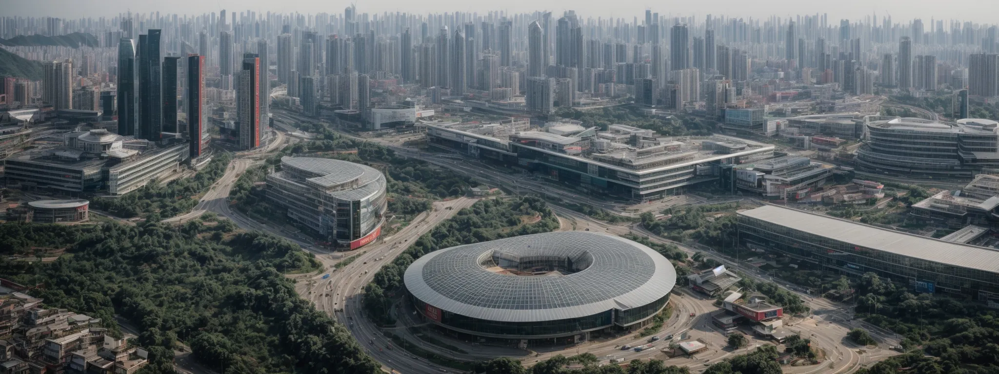 a panoramic view of a bustling tech hub in china with prominent buildings symbolizing innovation and collaboration.