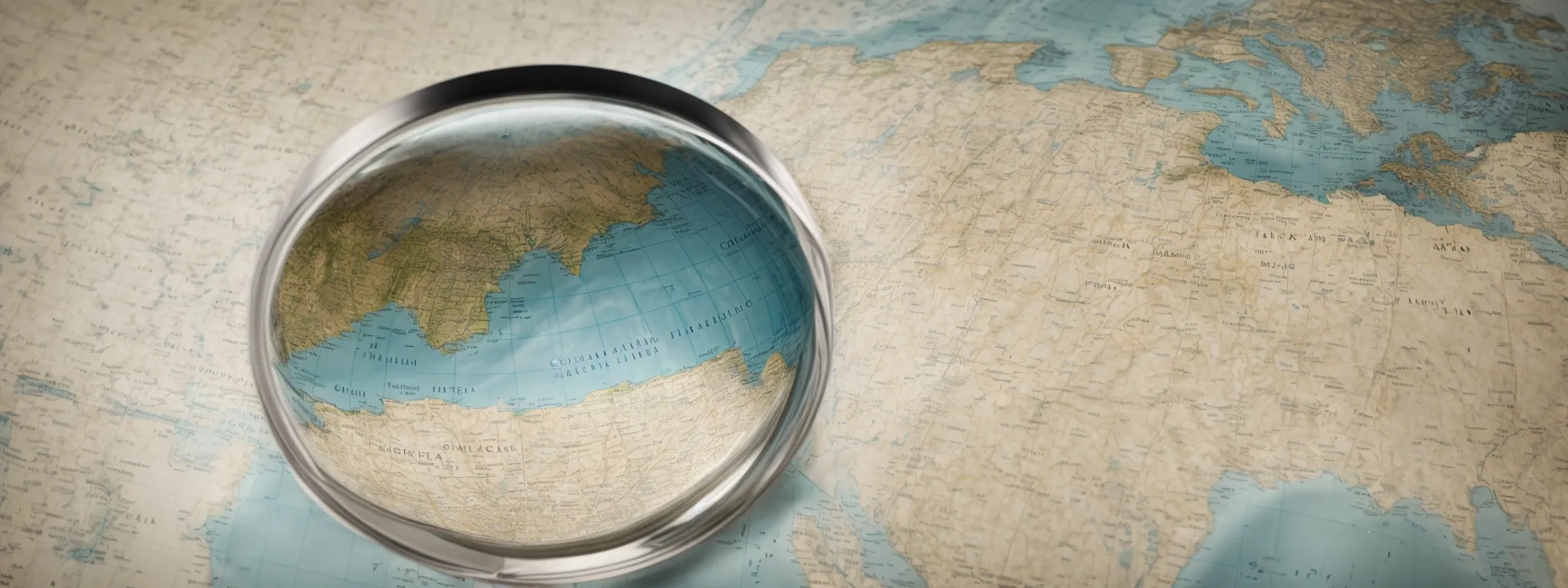 a magnifying glass hovering over a world map drawn on a digital screen, symbolizing global seo research.