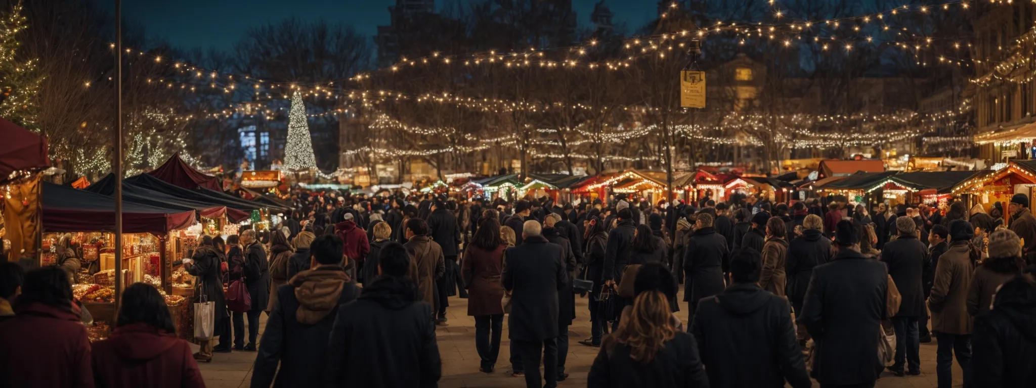a crowded holiday market with shoppers browsing through a festive stall displaying glowing reviews on a digital screen.