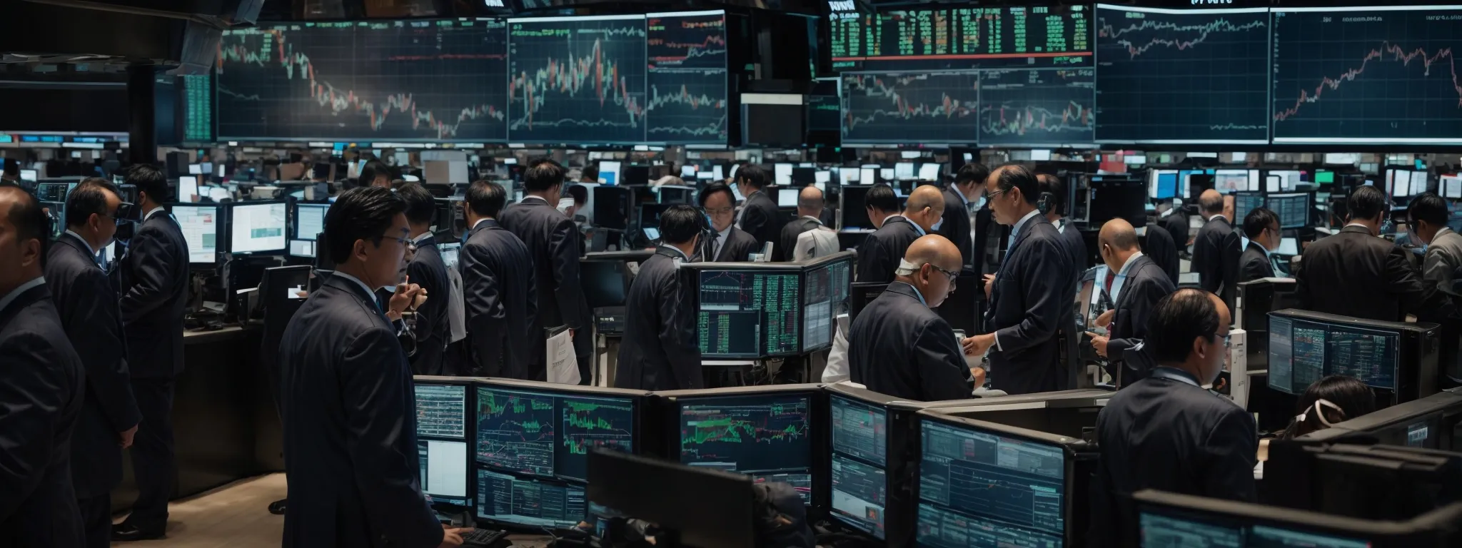 a bustling stock market floor with traders intently focused on screens displaying dynamic charts and graphs.