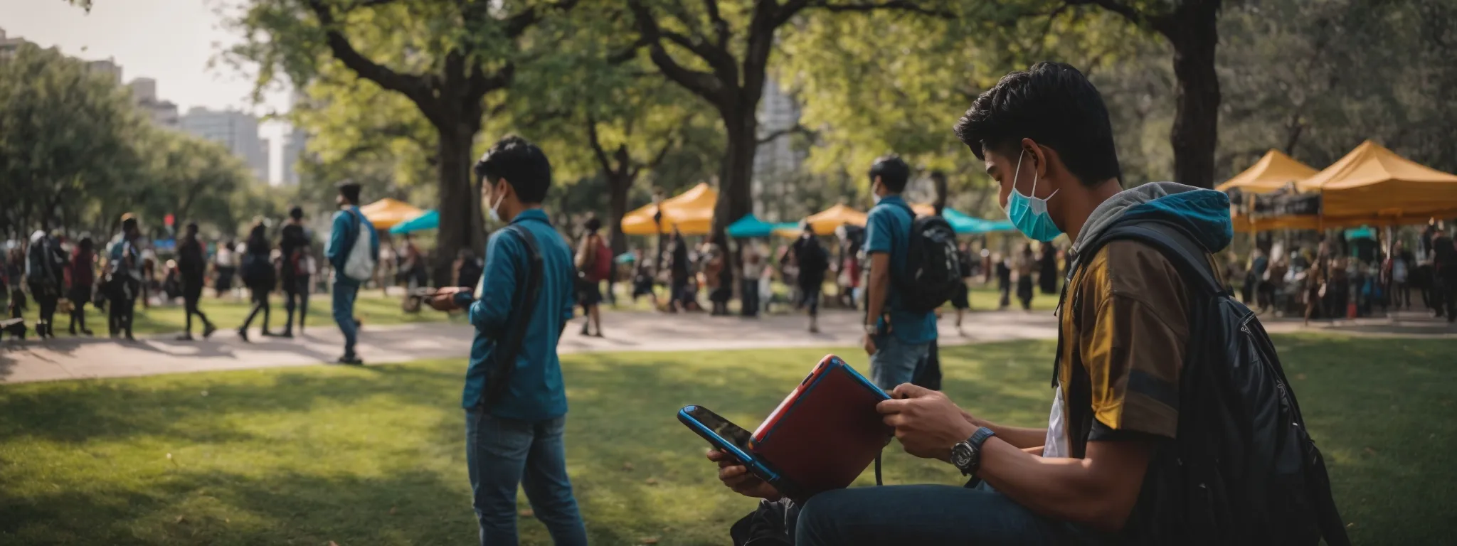 a person engrossed in playing a vibrant and captivating game on a smartphone amidst a bustling city park.
