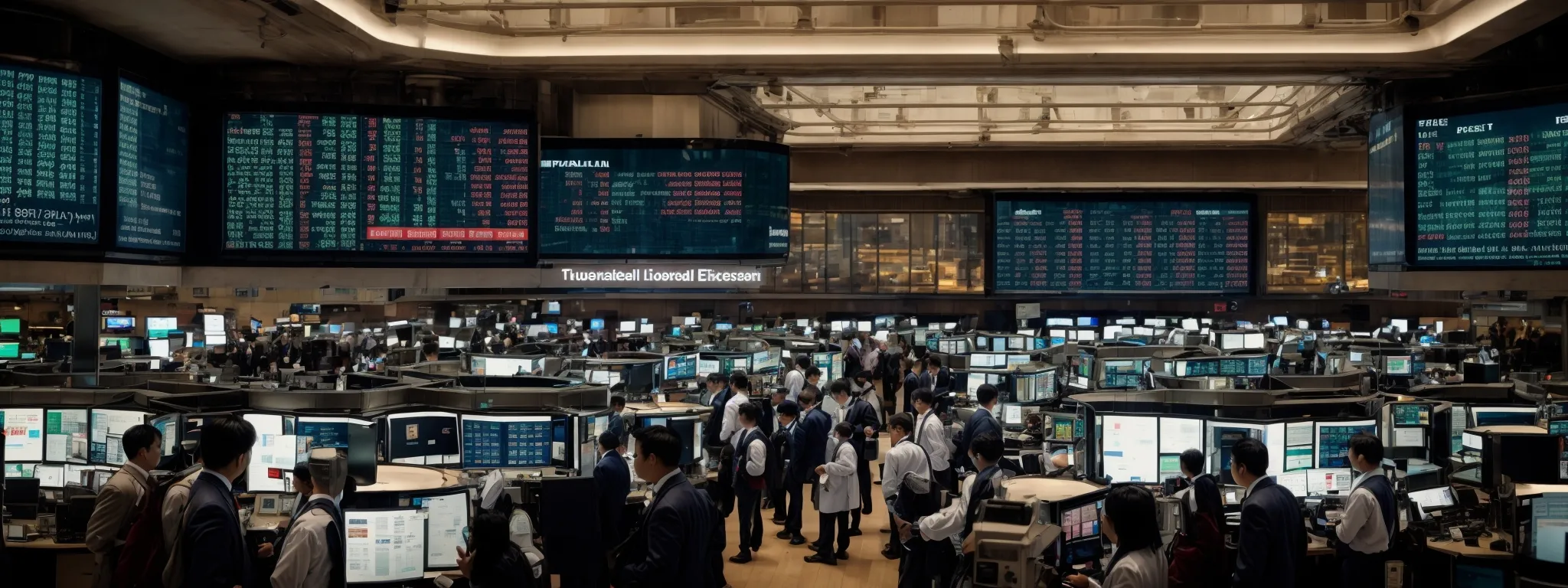 a bustling stock exchange with screens displaying changing prices.