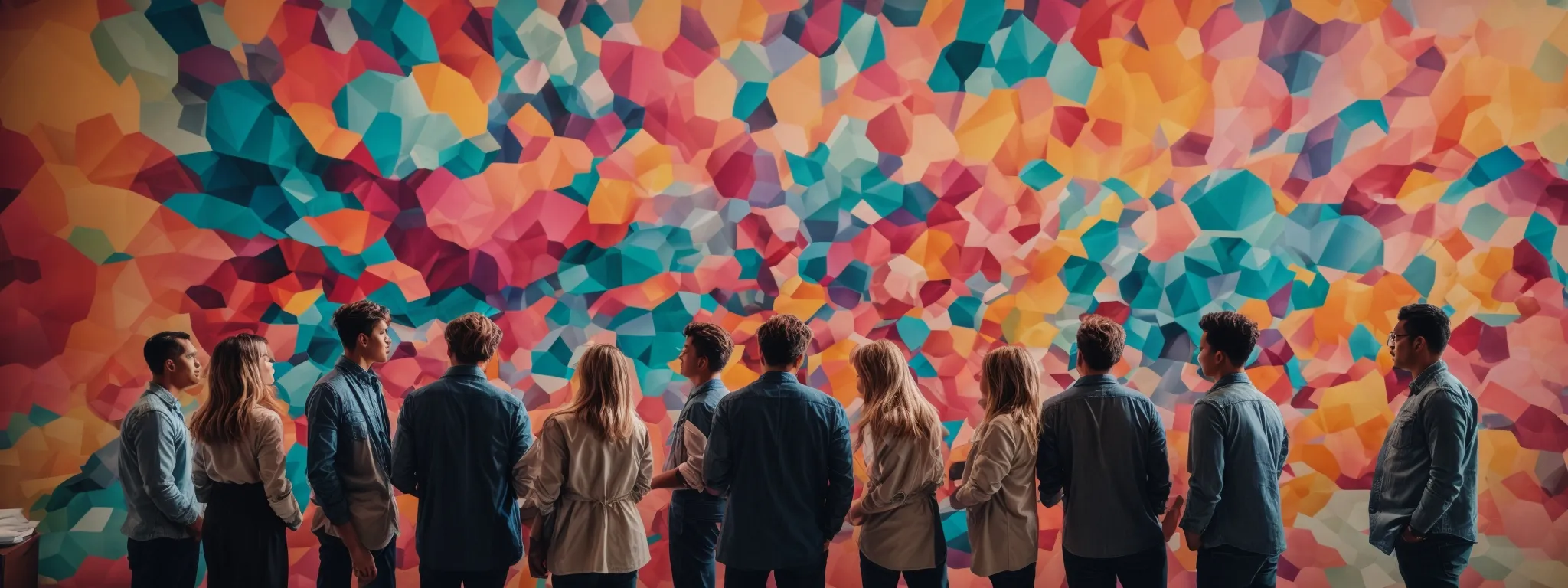 a brainstorming team stands gathered around a vibrant, abstract mural, symbolizing innovative marketing ideas.