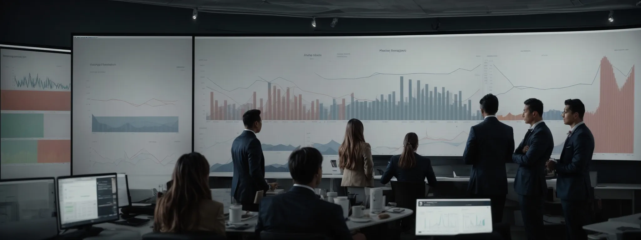 a marketing team analysis session with charts and graphs projected on a screen.
