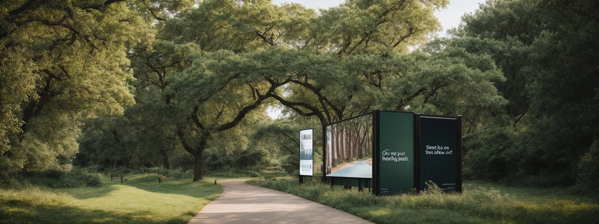a split-screen of a serene park pathway representing organic content on one side and a bustling digital billboard displaying a prominent ad on the other, captures the contrast between seo and sponsored ads in user experience.