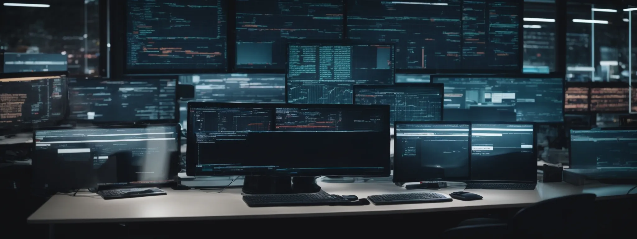 a futuristic workspace with multiple screens displaying data analytics and code.