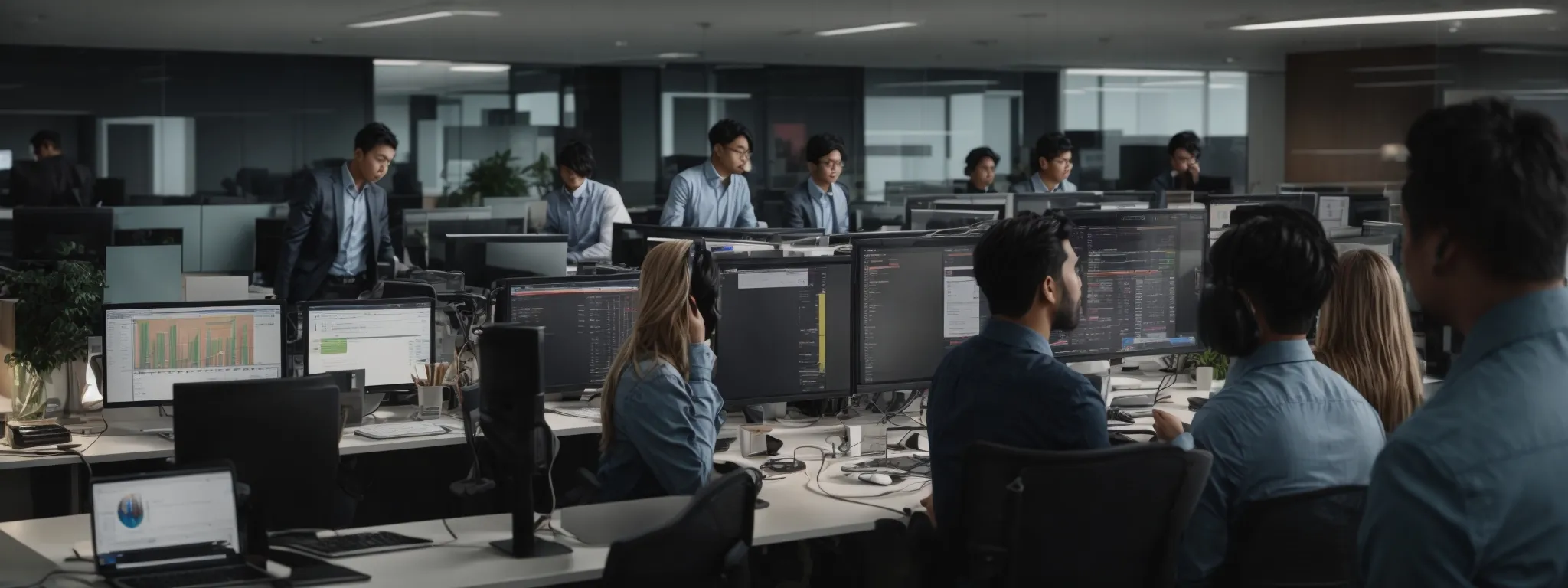 a bustling digital marketing team analyzing data and strategies around a computer screen in a modern office.