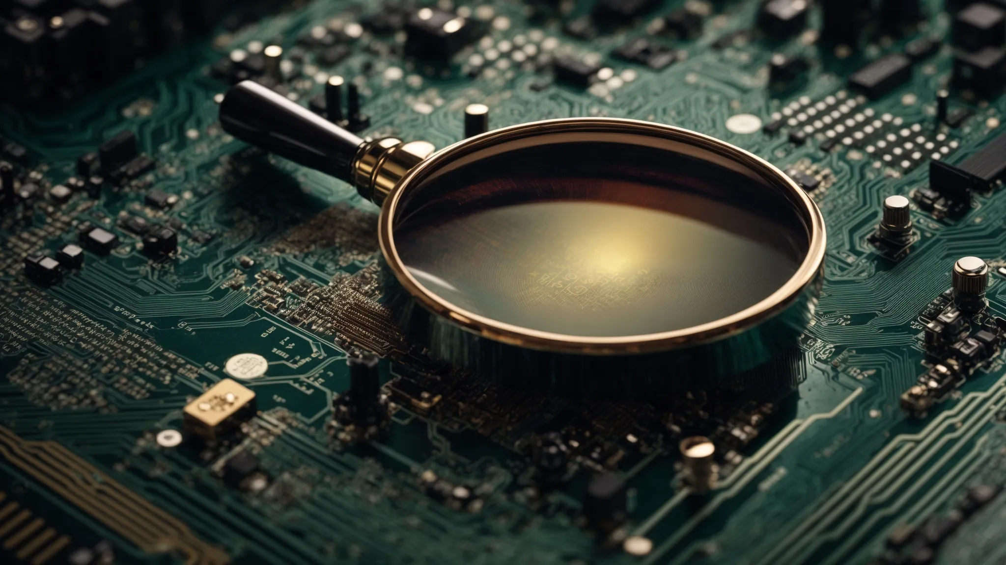 a close-up of a magnifying glass hovering over a complex circuit board, symbolizing the analytical aspect of technical seo.