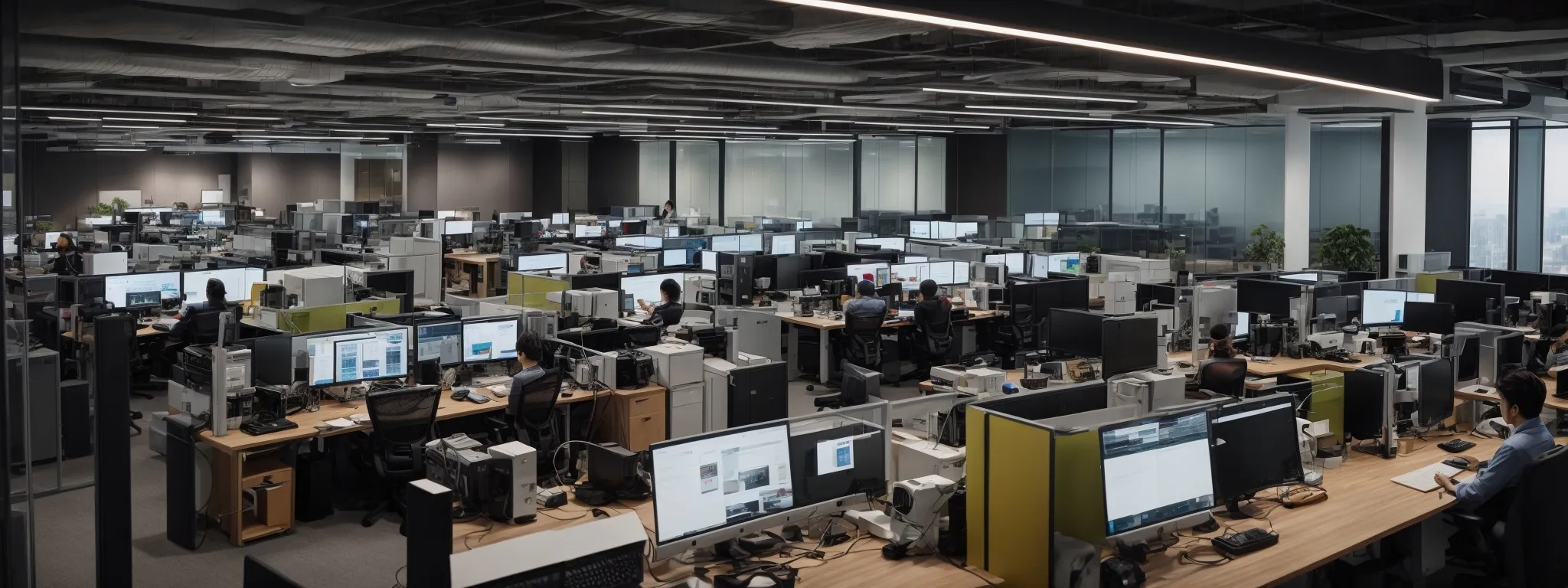 a panoramic view of a modern office with employees working on computers, optimizing websites for search engine visibility.