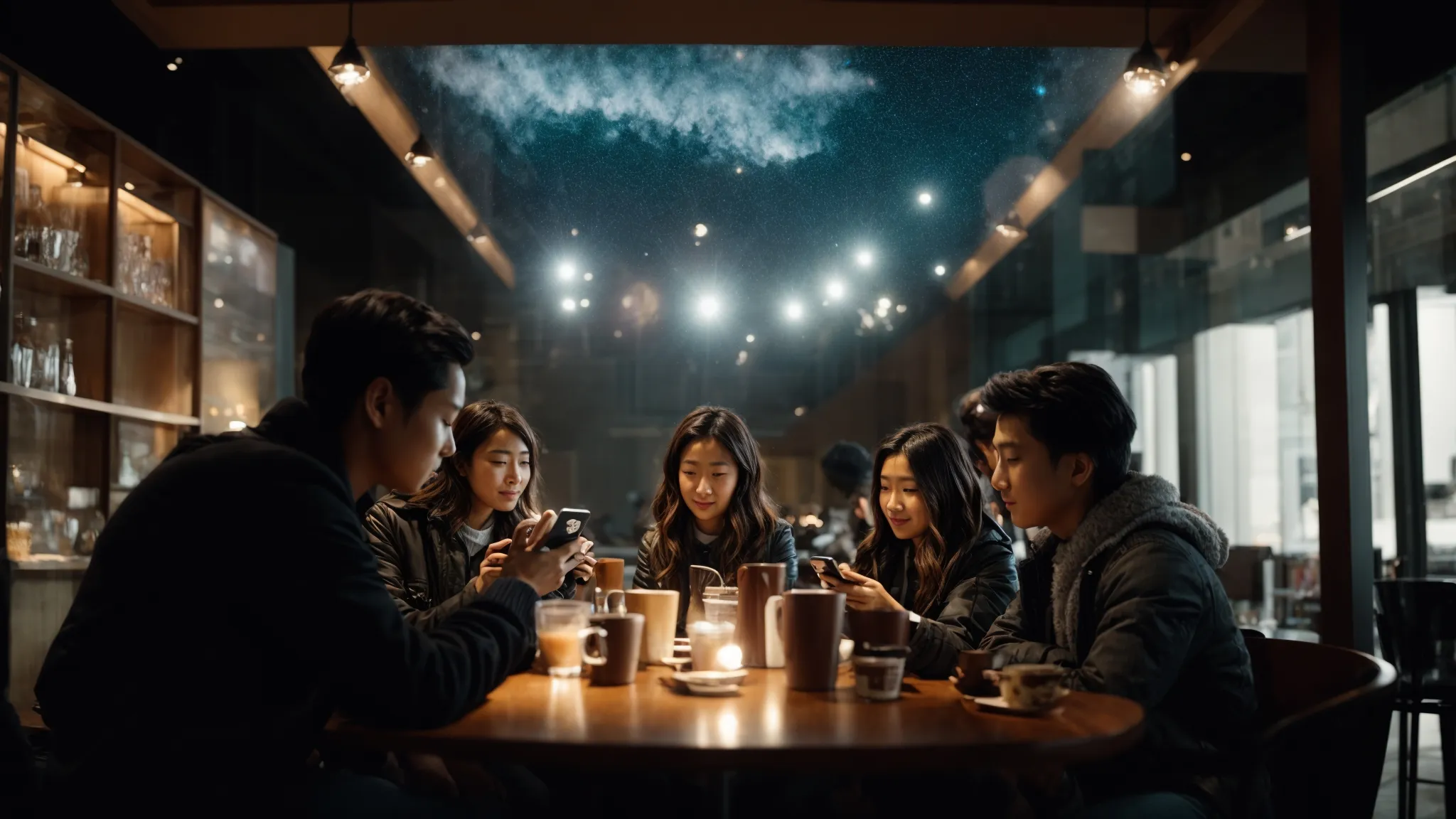 a group of people gathered in a cafe, interacting with their smartphones and a visible social media interface projected in the air above them.