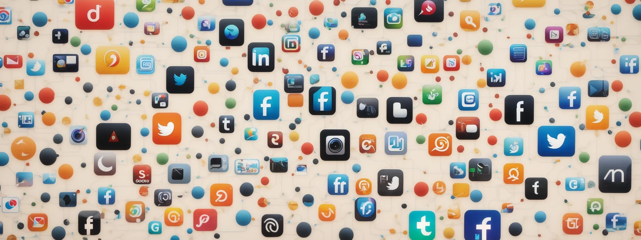 a collage of simplified icons representing different social media platforms interconnected with flow lines symbolizing networked communication.