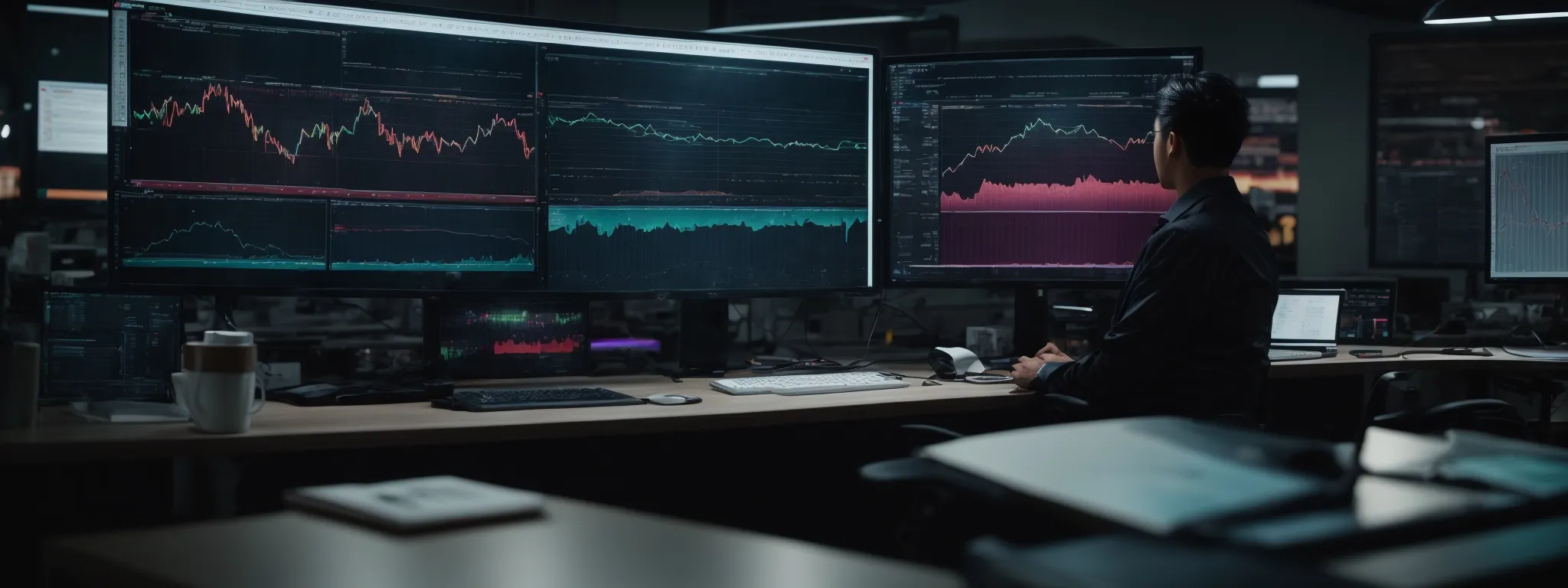 a focused individual sits at a spacious desk with twin monitors displaying colorful data dashboards and analytics.