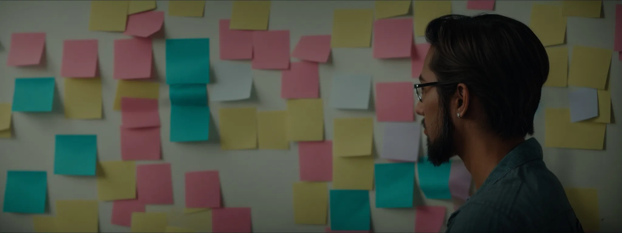 a writer thoughtfully gazes at a wall peppered with post-it notes outlining a content strategy for a targeted audience.