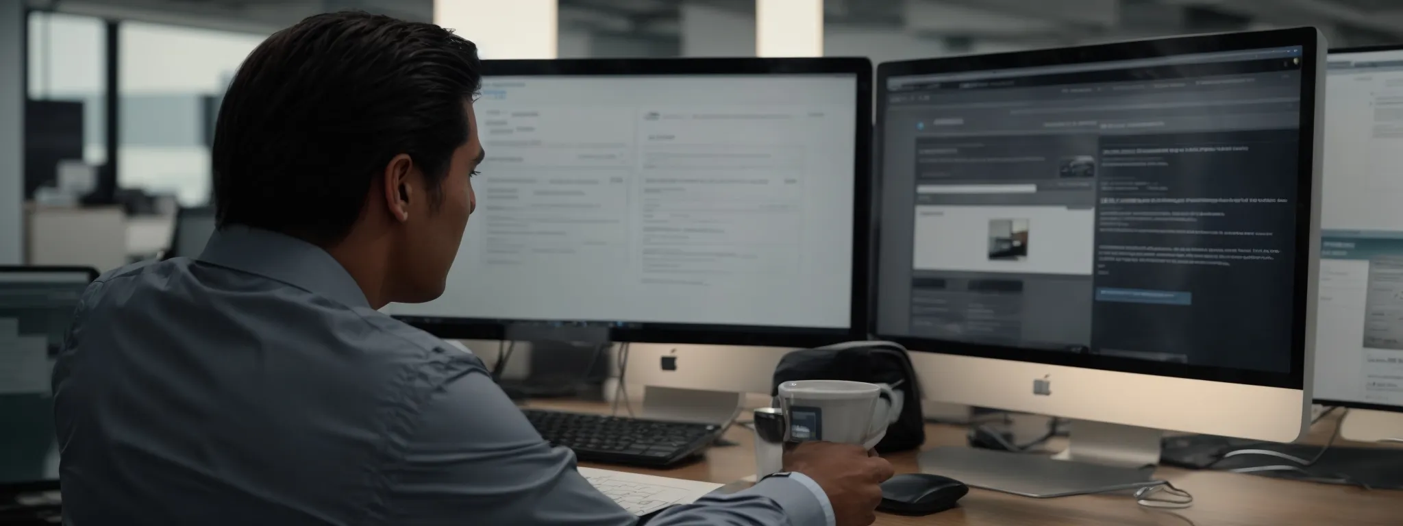 a dealership manager reviews a sleek website interface on a computer screen in a modern office setting.