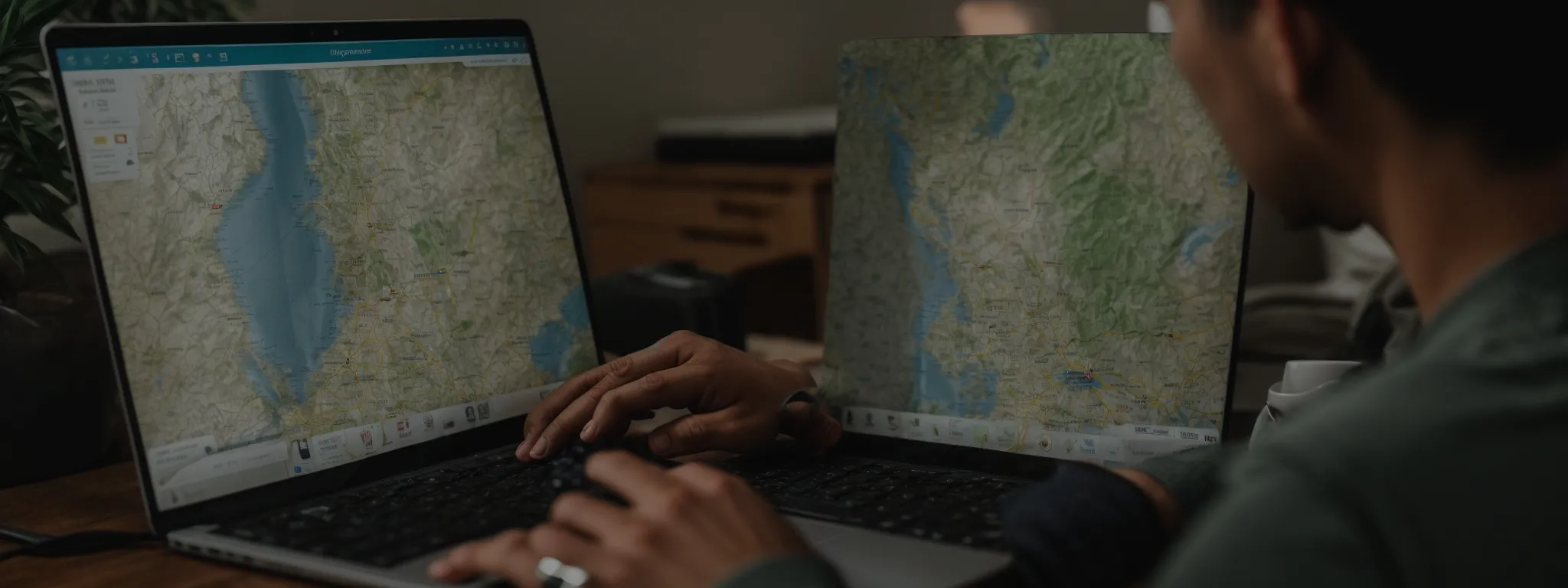 a user typing on a laptop with a map and location markers displayed on the screen.