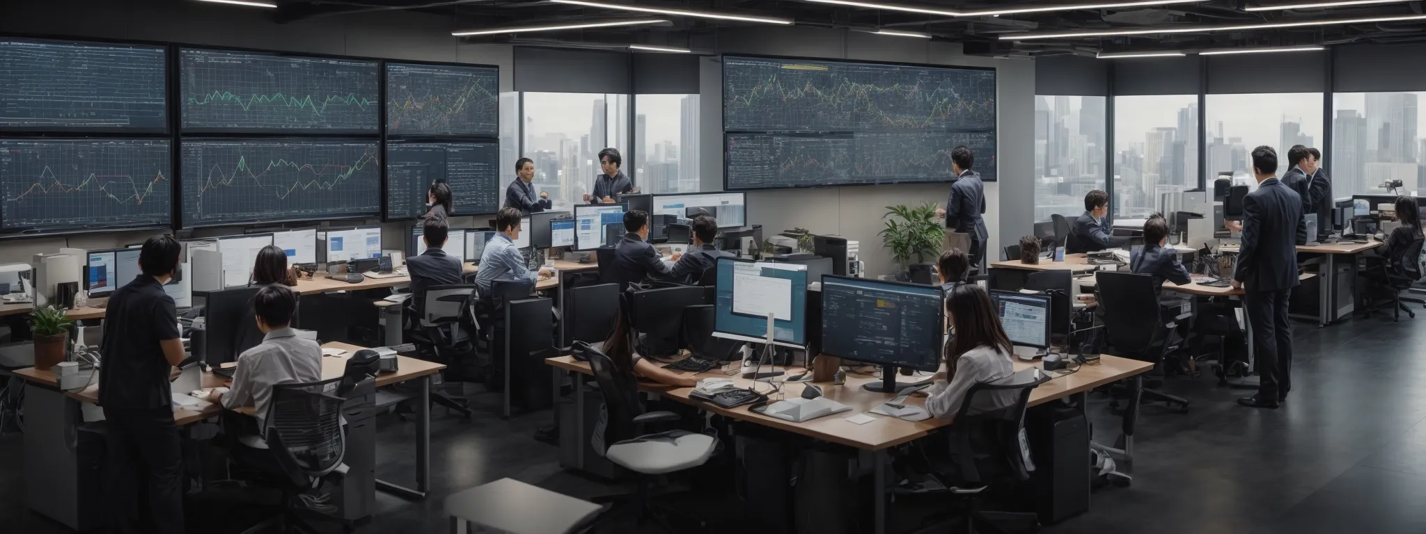 a bustling modern office with a team of tech professionals surrounding a large screen displaying a complex flowchart of website traffic patterns.