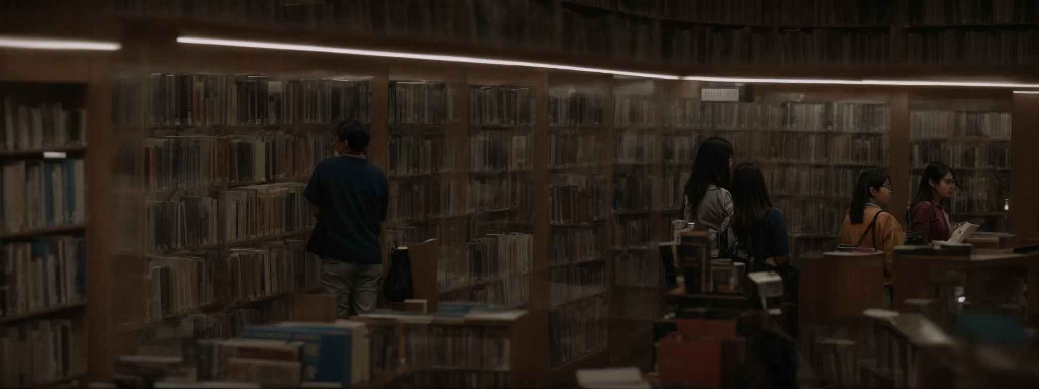 a library with visitors browsing through shelves filled with thick books on diverse topics.