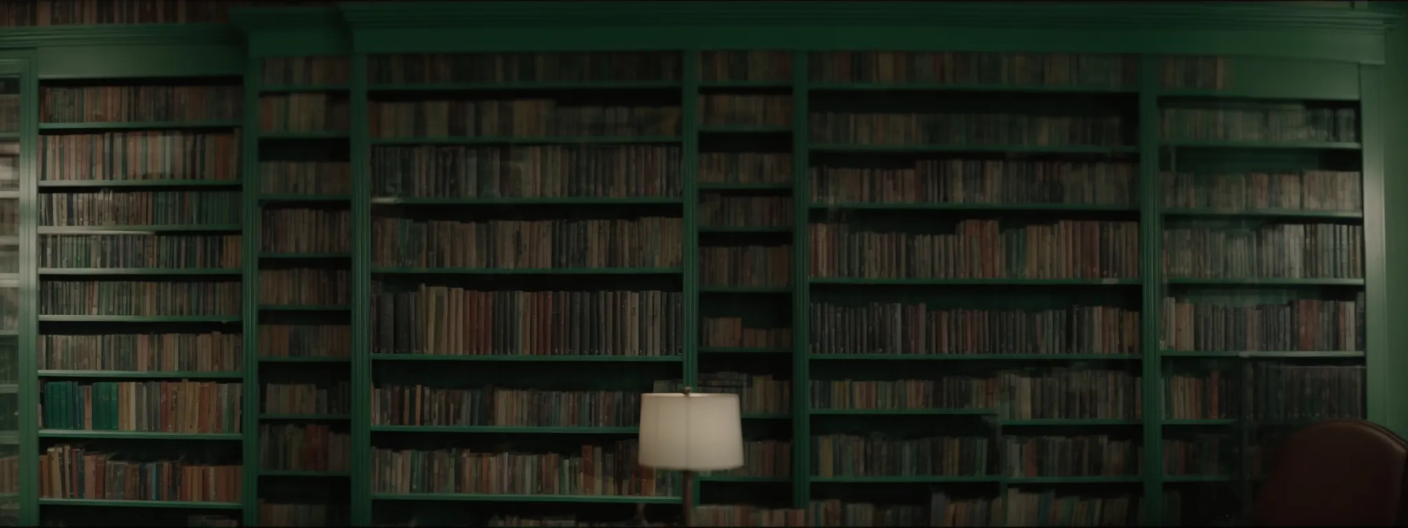 a green library with color-coded, labeled shelves indicating different topics and categories.