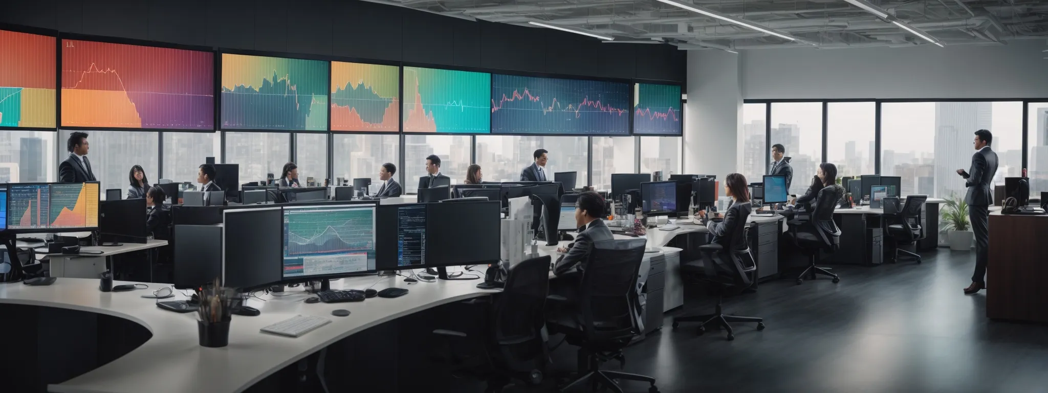 a panoramic view of a modern office with a central large monitor displaying colorful graphs and analytics, surrounded by employees engaged in strategic discussions.