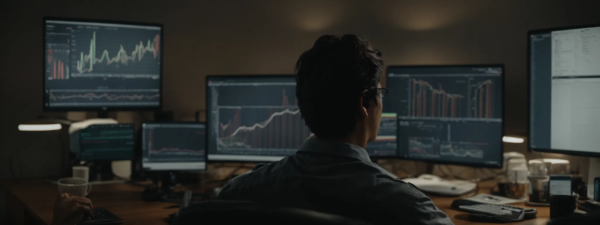 a person sitting at a computer, surrounded by marketing analytics charts, deeply focused on crafting an seo strategy.