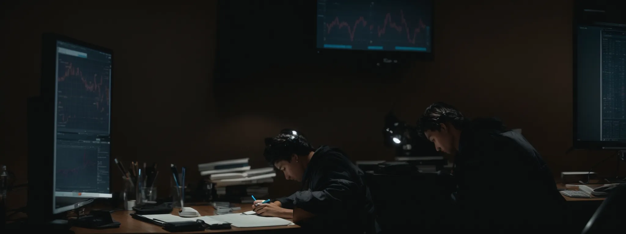 a person sitting at a computer, analyzing graphs and data on the screen while taking notes.