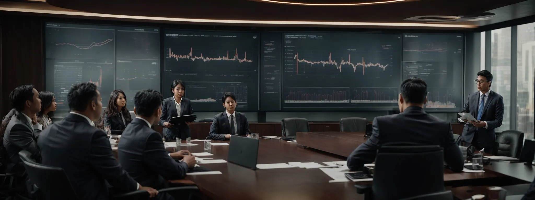 a boardroom with a large screen displaying charts and graphs while a diverse team of professionals engages in strategic discussion.
