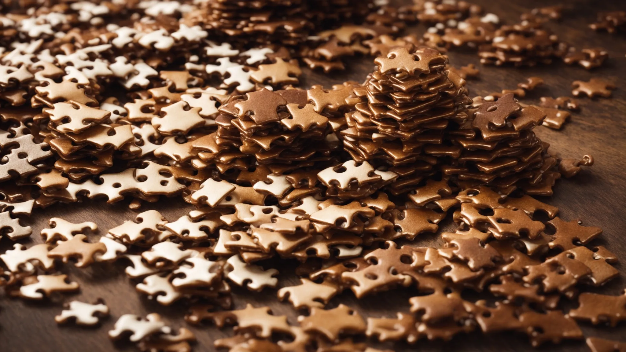 two distinct piles of puzzle pieces with one neat stack symbolizing high-quality selective link-building and a large scattered heap representing haphazard, abundant link acquisition.