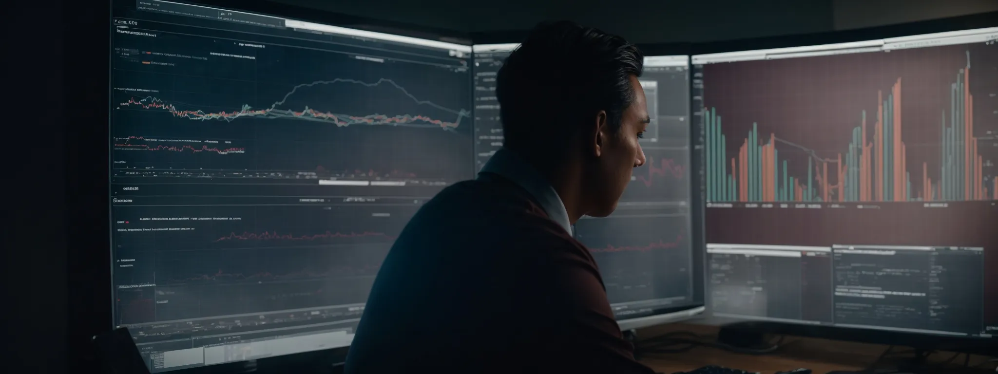 a marketer analyzing complex data visualizations on a computer dashboard reflecting ad campaign performances.