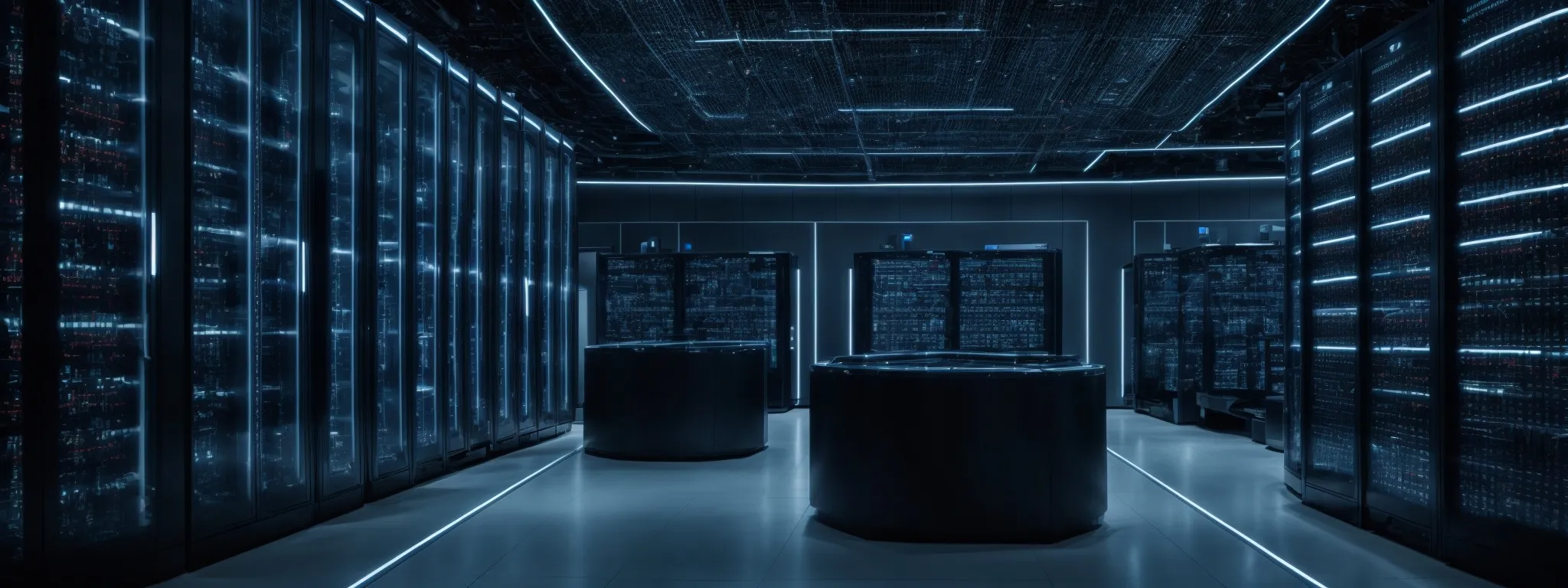 a futuristic data center filled with rows of high-tech servers representing cutting-edge website infrastructure.