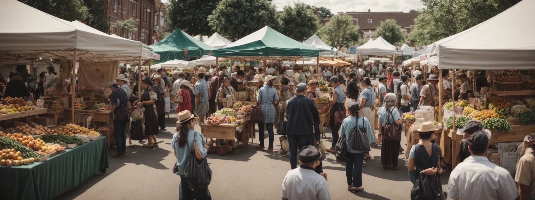 a bustling local farmers market with various stalls showcasing an array of products from local businesses.