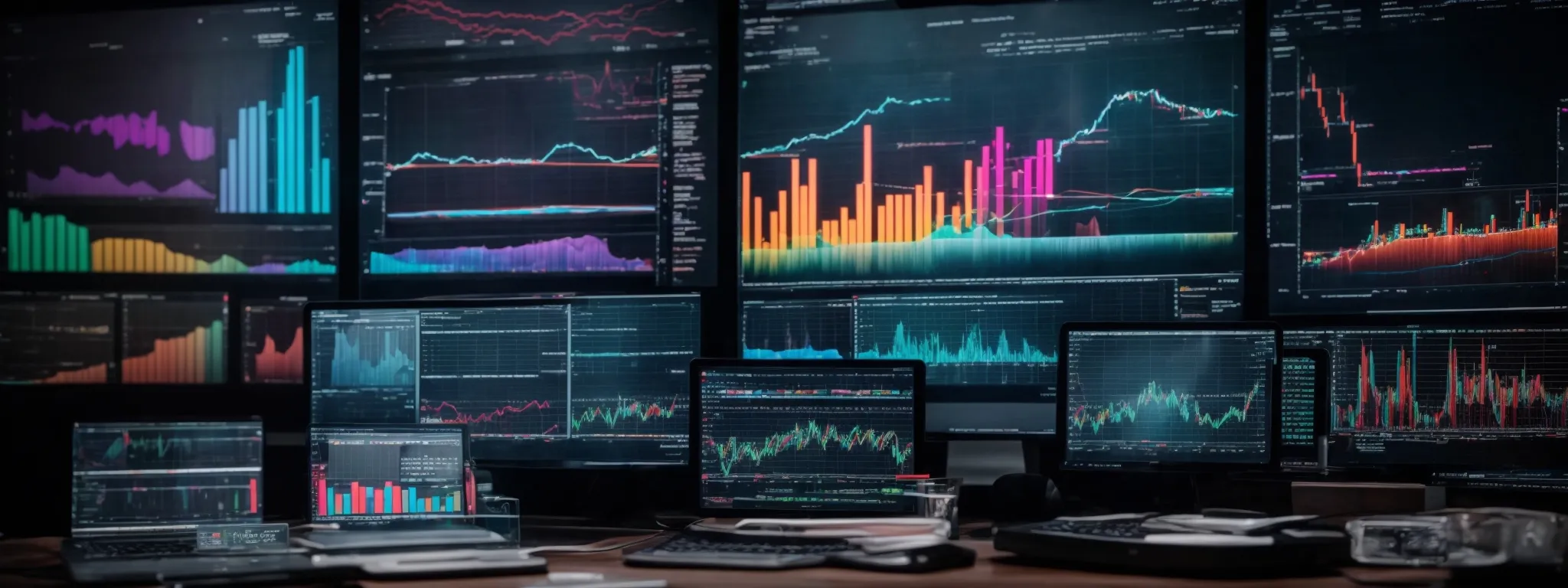 an array of digital devices displaying colorful graphs and charts representing the data analysis performed by ai for advertising strategies.