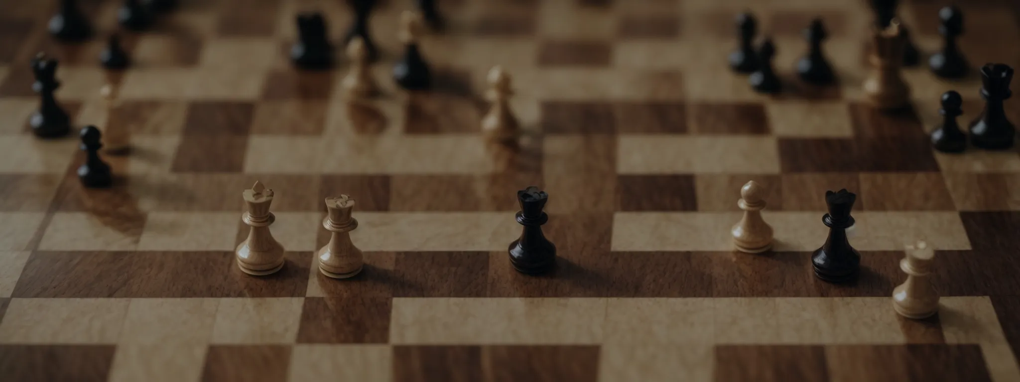 a chessboard from above, mid-game, reflecting strategic moves and planning.