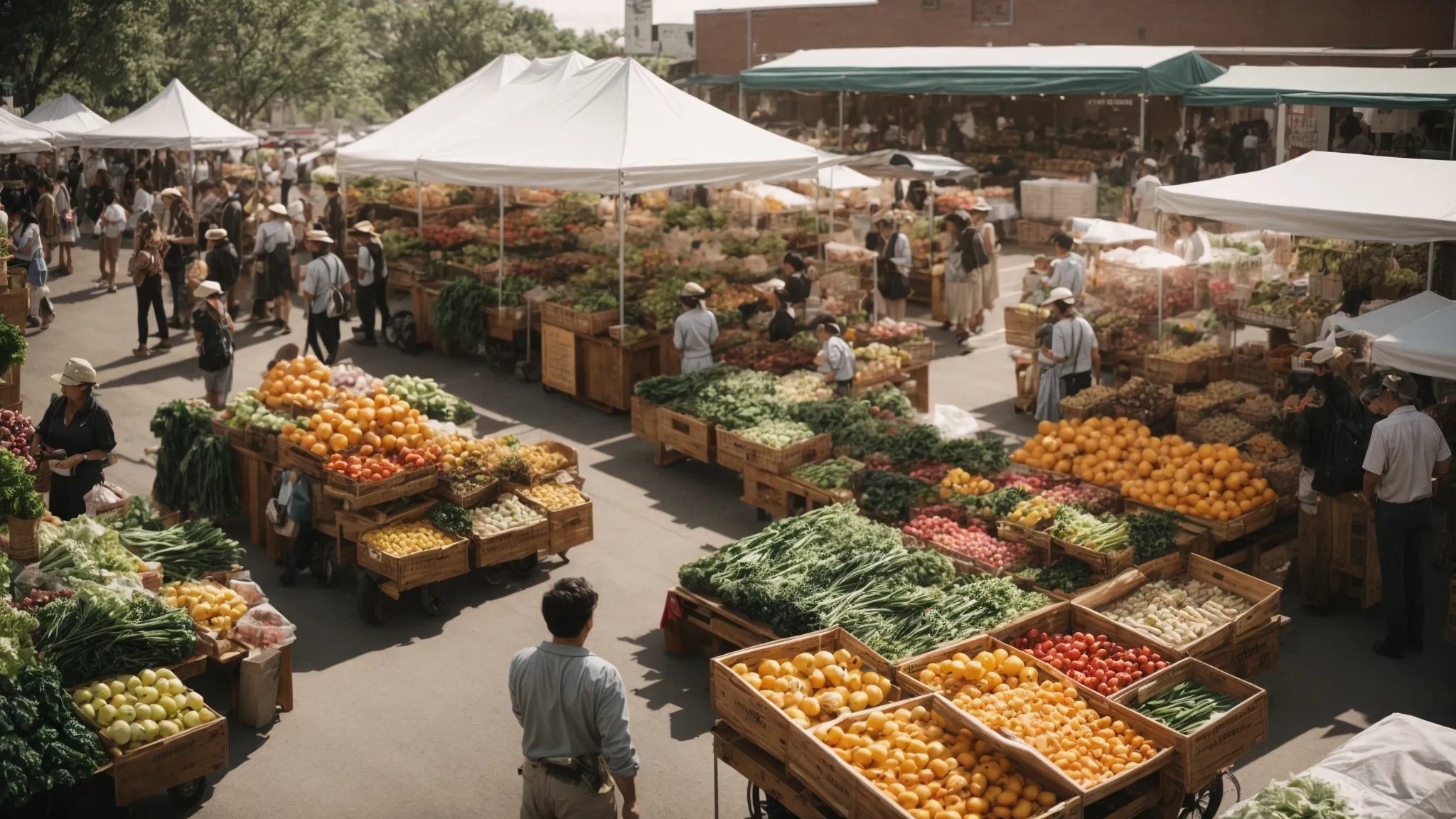 a bustling outdoor farmers' market with fresh local produce on display.