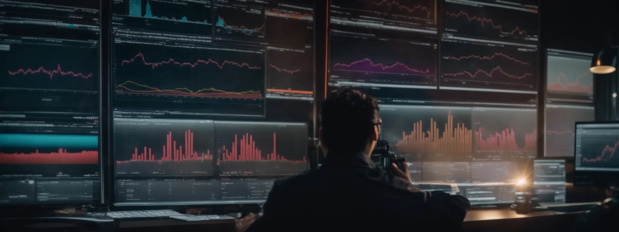 a marketer scrutinizing a vibrant dashboard display full of graphs and performance metrics.