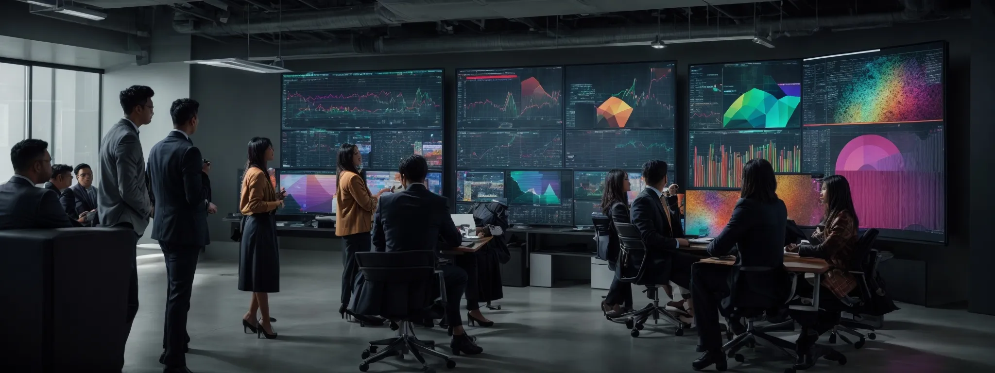 a group of professionals gathered around a large screen displaying colorful data visualizations in a high-tech office environment.