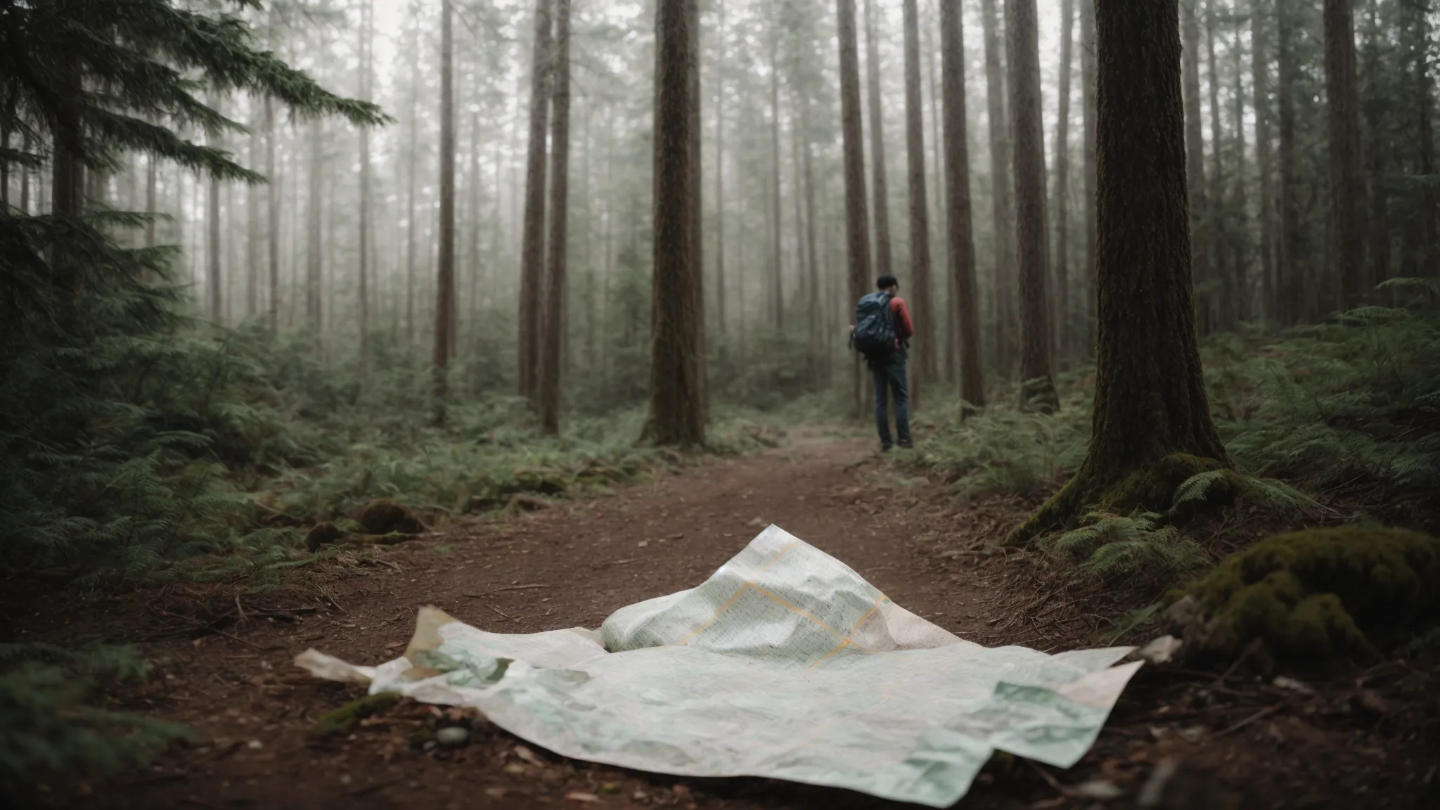 a traveler stands at a crossroads in a forest, looking down at a crumpled, discarded map on the ground.