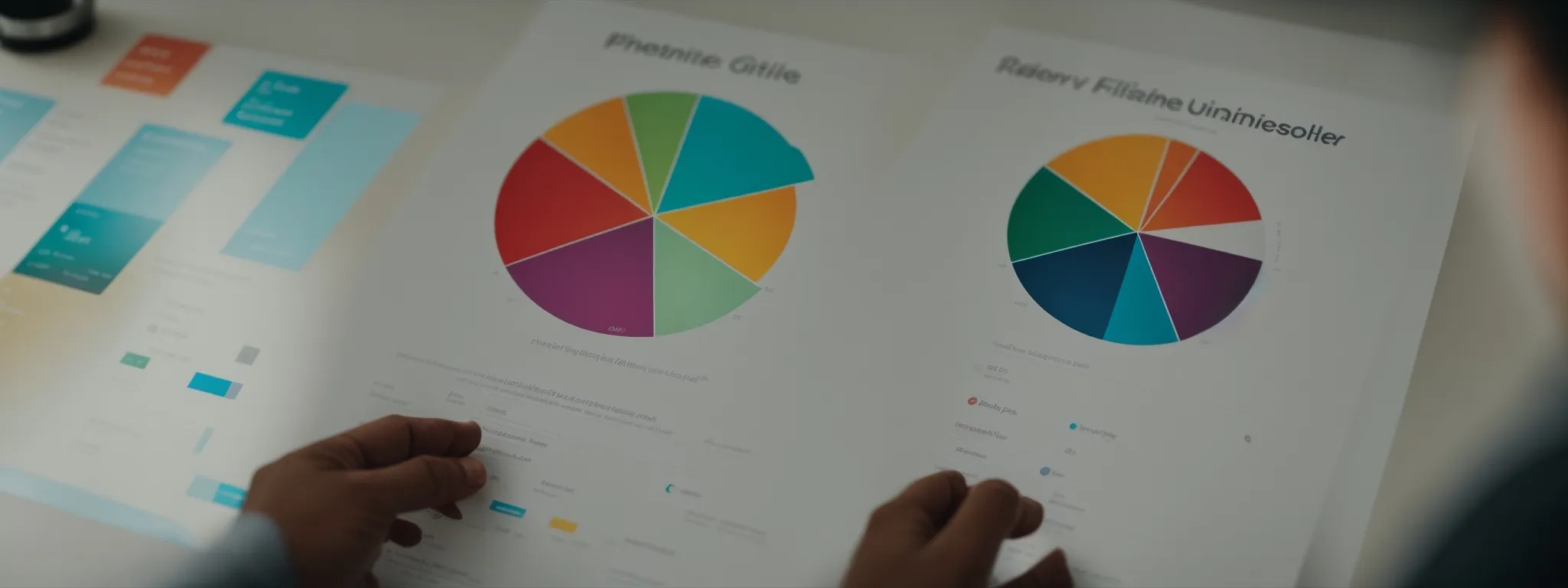 a marketer analyzes a colorful pie chart to optimize a website's search engine visibility.
