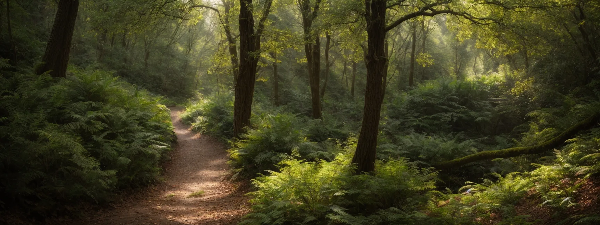 a luscious wooded area reveals a narrow, winding path leading to an unexpected clearing bathed in sunlight.