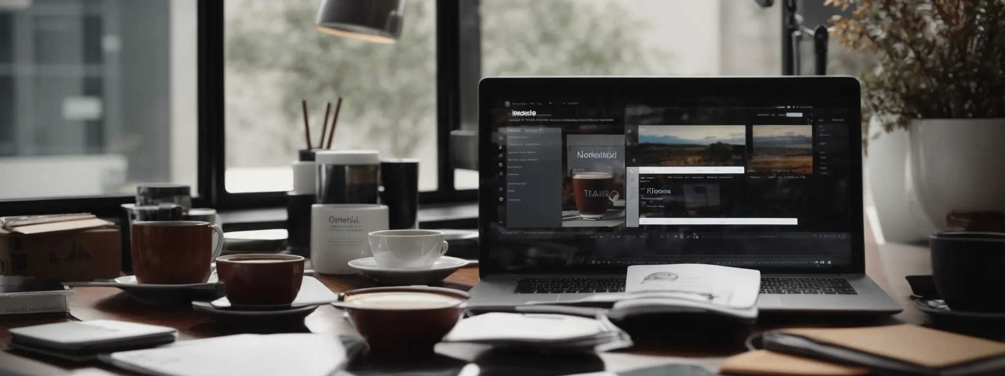 a laptop on a desk with marketing analytics on-screen surrounded by notepads and a cup of coffee.