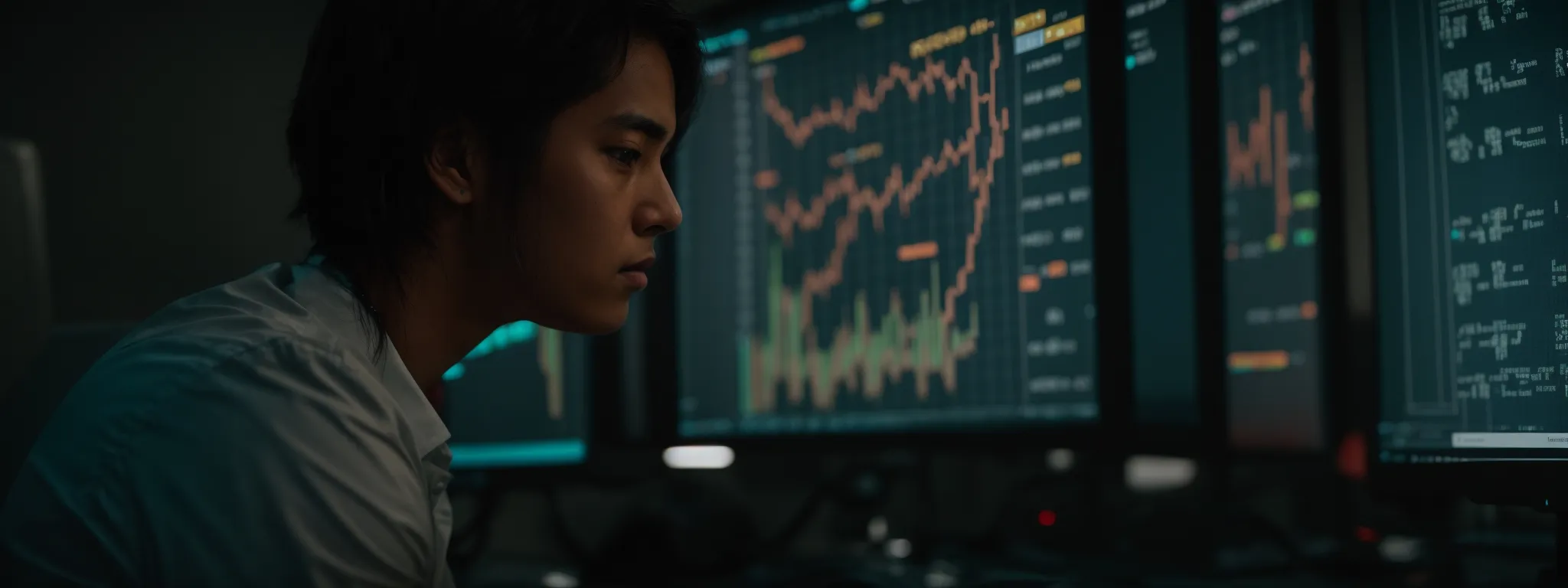 a professional staring intently at a computer screen, analyzing graphs that illustrate web traffic and sentiment analysis.