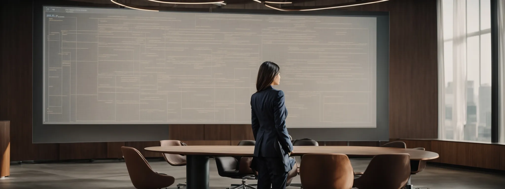 a woman in a business suit standing before a large conference room screen displaying a dynamic web structure diagram.