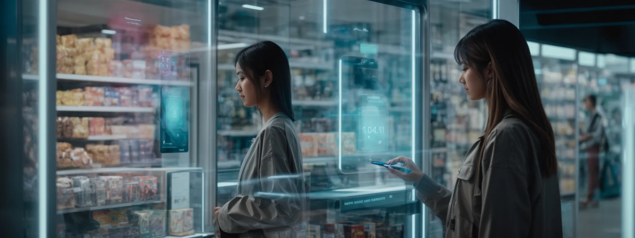 a futuristic shopper interacts with a holographic interface displaying an array of online products.