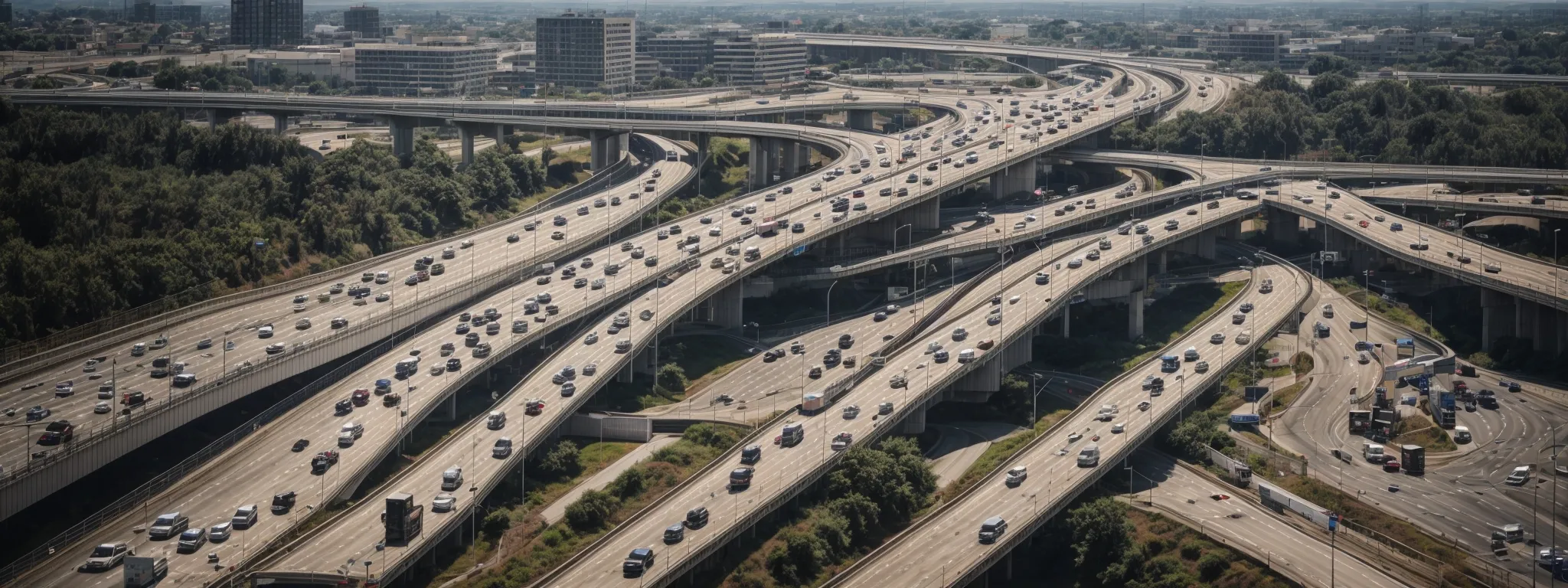 a highway bustling with cars merging from various on-ramps, symbolizing the convergence of organic and paid traffic strategies.