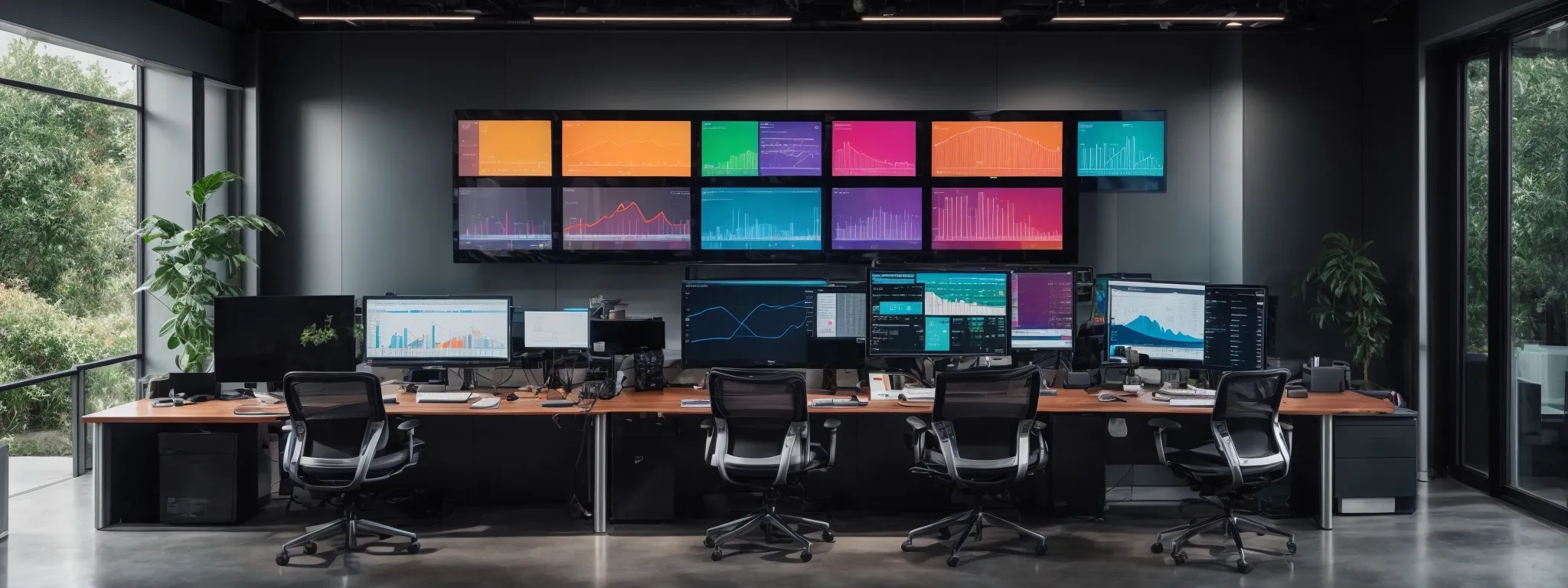 a sleek, modern office with multiple computer screens displaying colorful graphs and social media analytics.