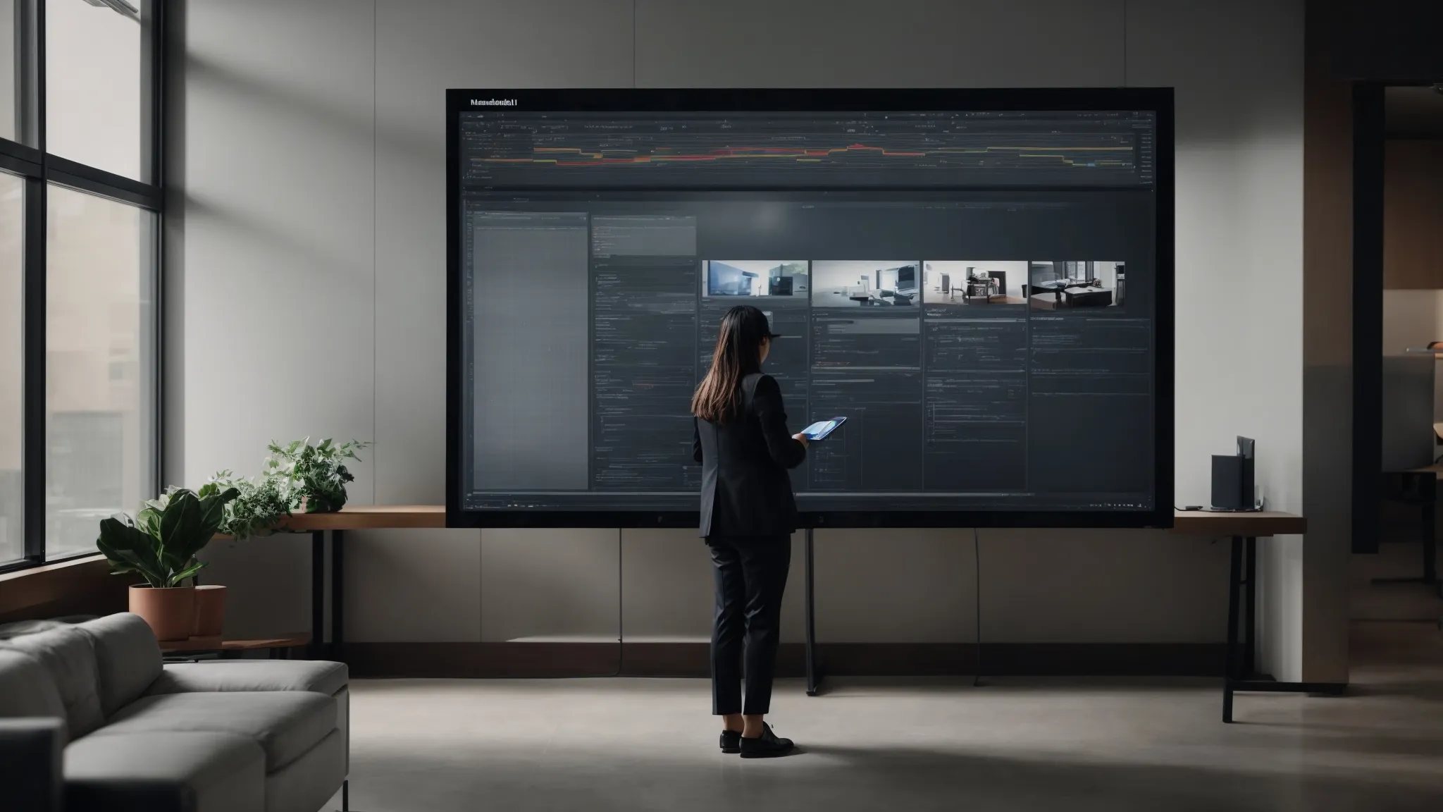 a person in a sleek, modern office is intently working with a flowchart on a large digital touch screen to streamline workflow processes.