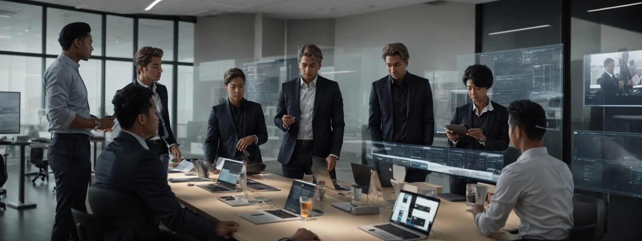 a group of professionals collaborating efficiently around a sleek, high-tech digital workspace while engaging with an interactive agile management app on a large touchscreen display.